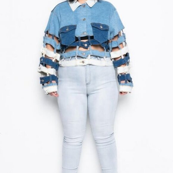 PLUS AZALEA WANG CAGED PANELED DENIM JACKET - Picture 2 of 9